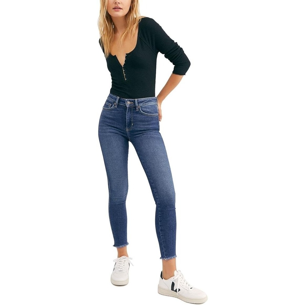 Free People High Waist Raw Hem Ankle‎ Denim Leggings Capri Blue 24